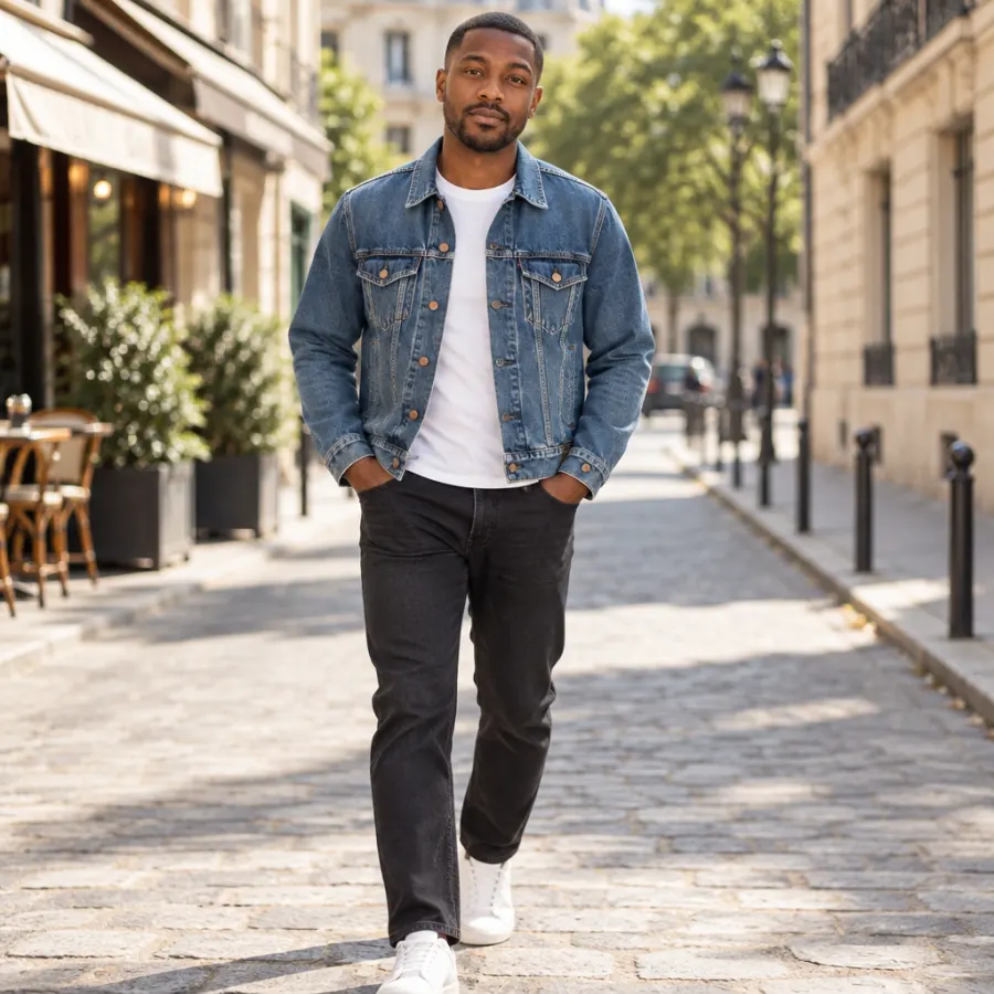 Short video frame of a model walking in the fictional Northvale denim jacket
