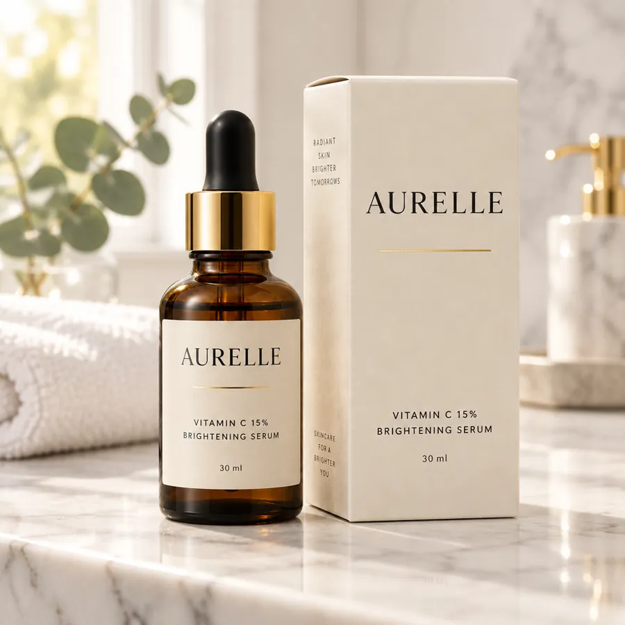 AI product photo of the same serum on a marble counter