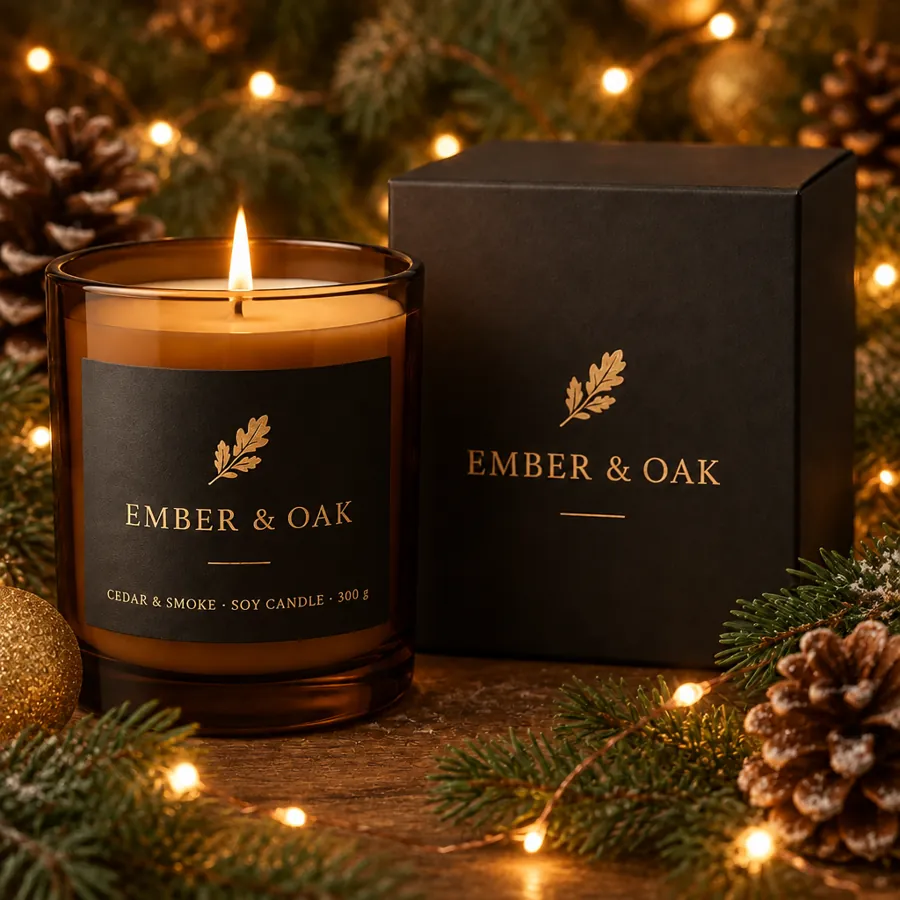 Seasonal email header photo of the fictional Ember & Oak candle