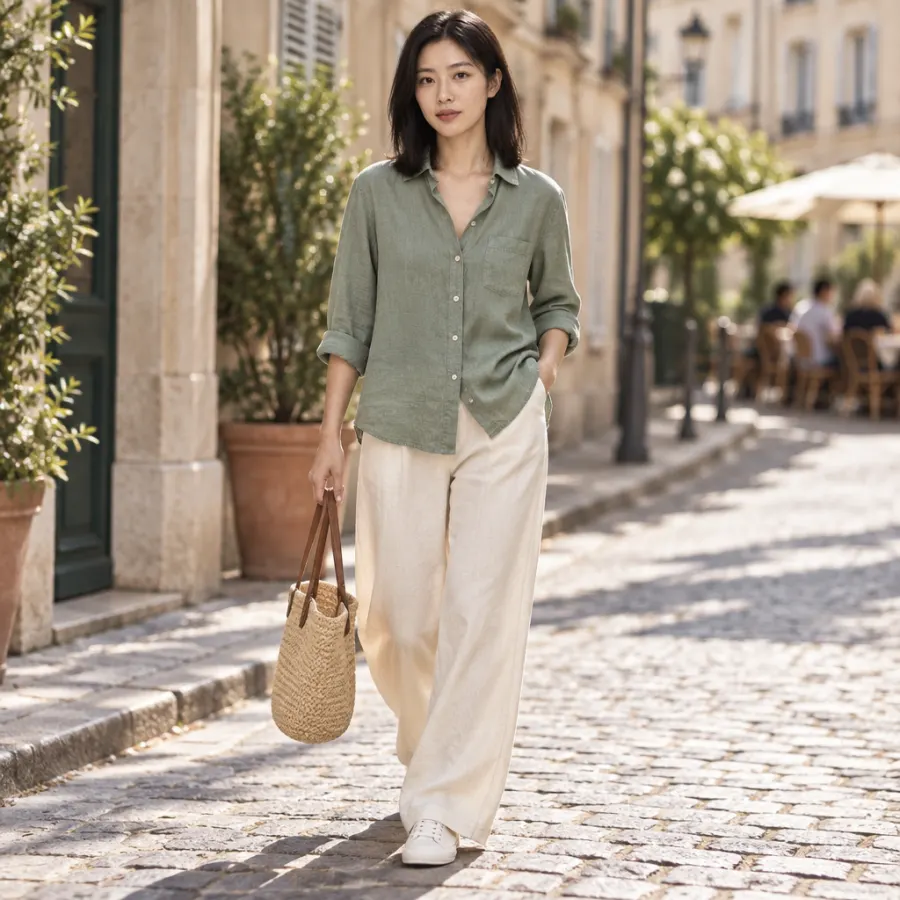 Display ad photo of a model walking in the fictional Maren linen shirt