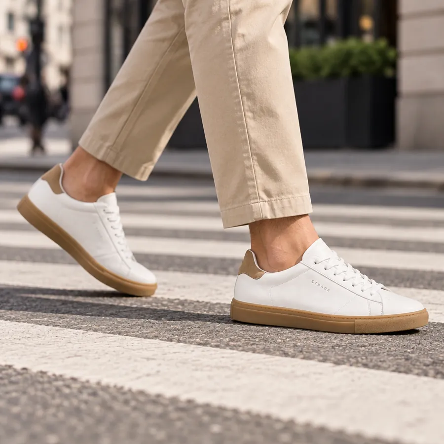 Story ad with a model wearing the fictional Strada sneakers