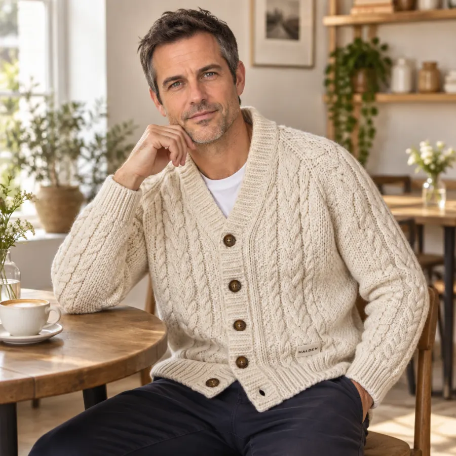 Lifestyle ad photo of a model in the fictional Halden cardigan at a cafe