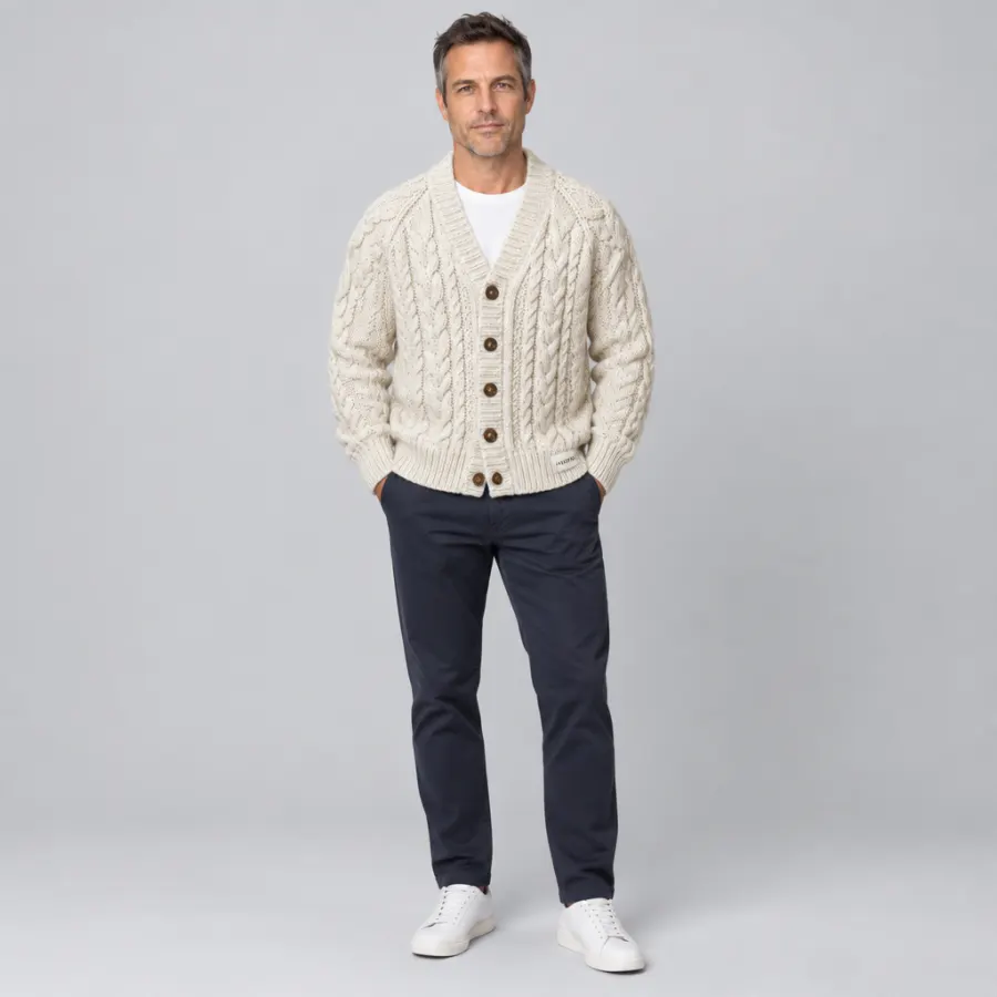 Studio shot of a model in the fictional Halden cardigan on a marketplace listing
