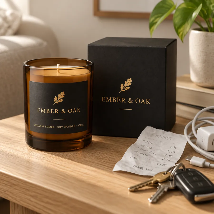 Original photo of the Ember & Oak candle, before the edit