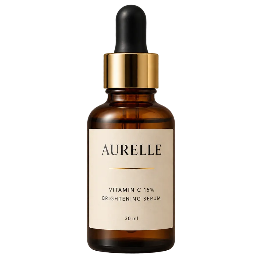 Cutout of the fictional Aurelle serum bottle