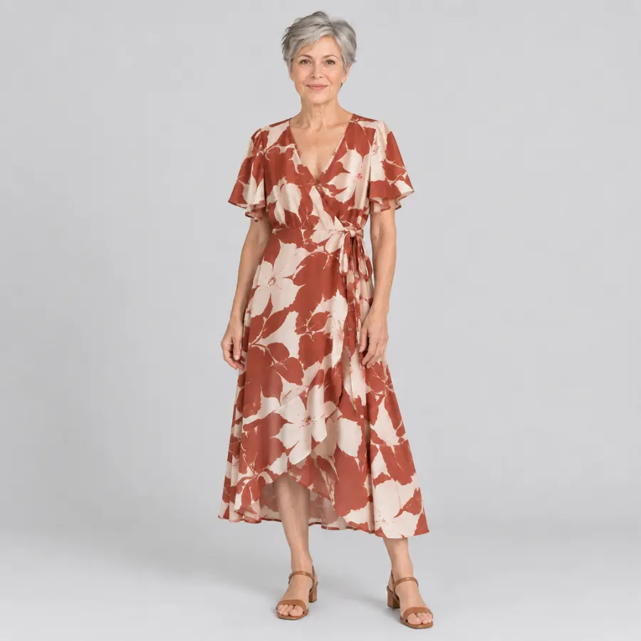 AI fashion photo of the Solenne wrap dress worn by Helen, a fictional model