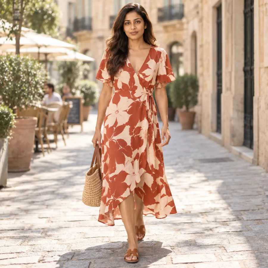 AI fashion photo of a model wearing the same dress on a street