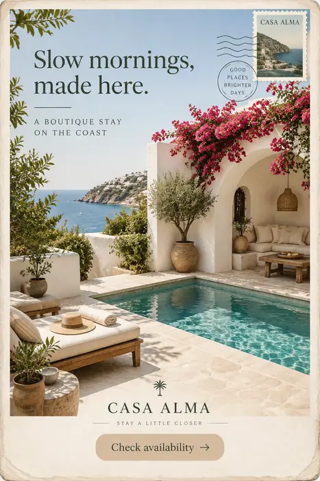 Example editorial postcard ad for a fictional boutique hotel
