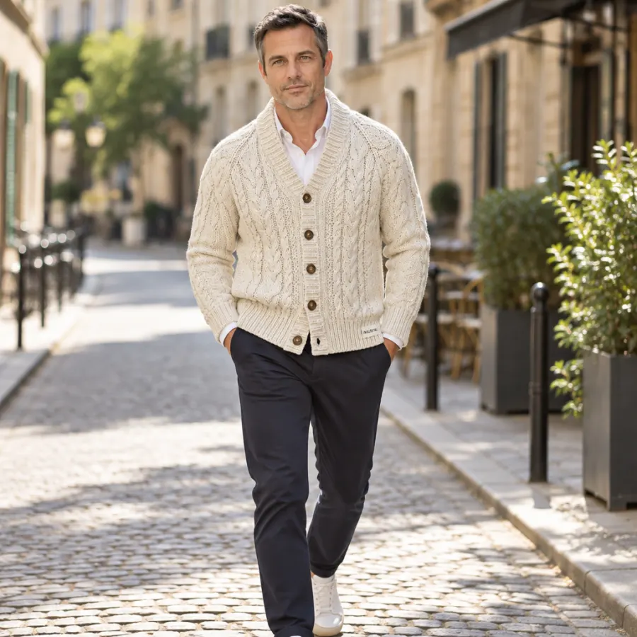 Outfit pin with a model in the fictional Halden cardigan