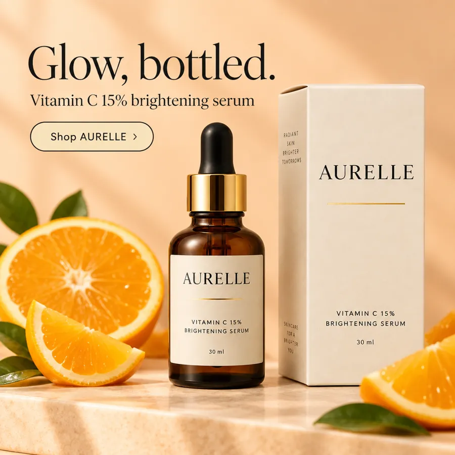 Square social ad for the same Aurelle serum: Glow, bottled.
