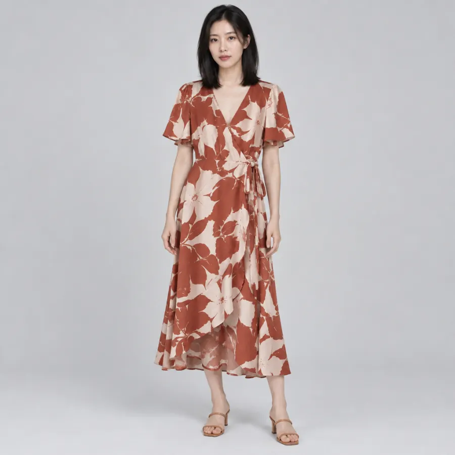 AI fashion photo of the Solenne wrap dress worn by Mei, a fictional model
