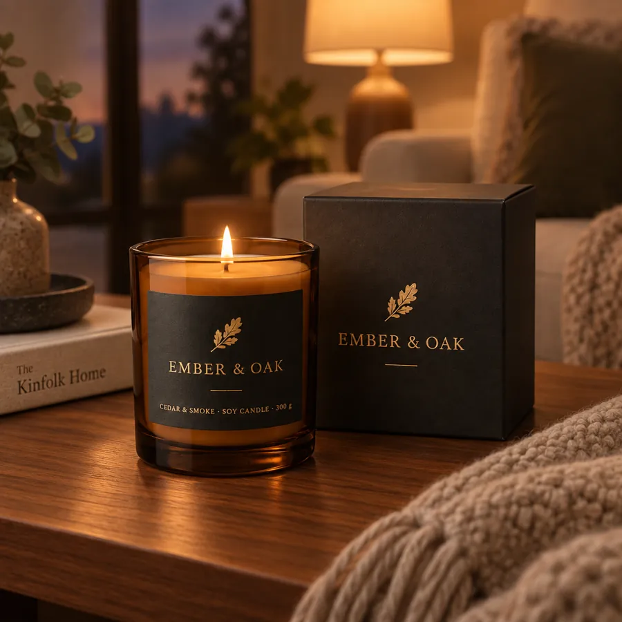 Lifestyle ad photo of the fictional Ember & Oak candle in a living room