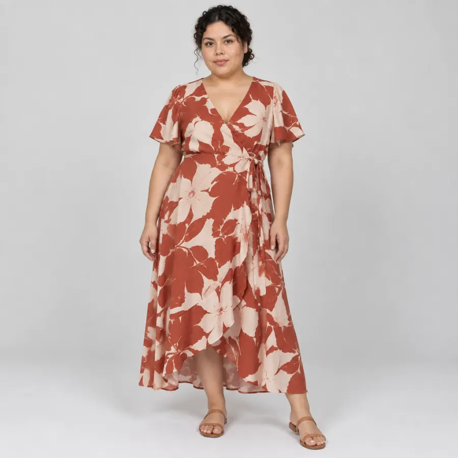 AI fashion photo of the Solenne wrap dress worn by Lucía, a fictional model