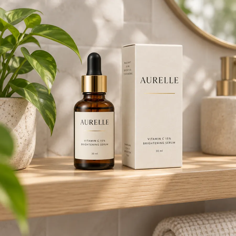 AI product photo of the Aurelle serum: shelf