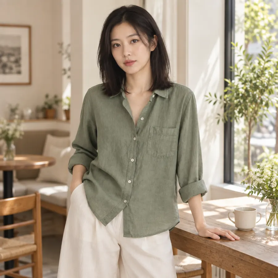 Lifestyle feed post with a model in the fictional Maren linen shirt