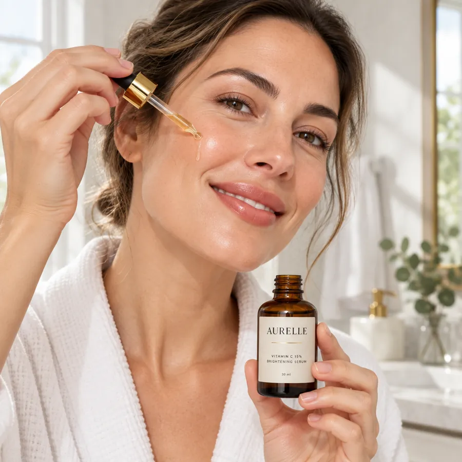 AI product photo of the Aurelle serum: on a model
