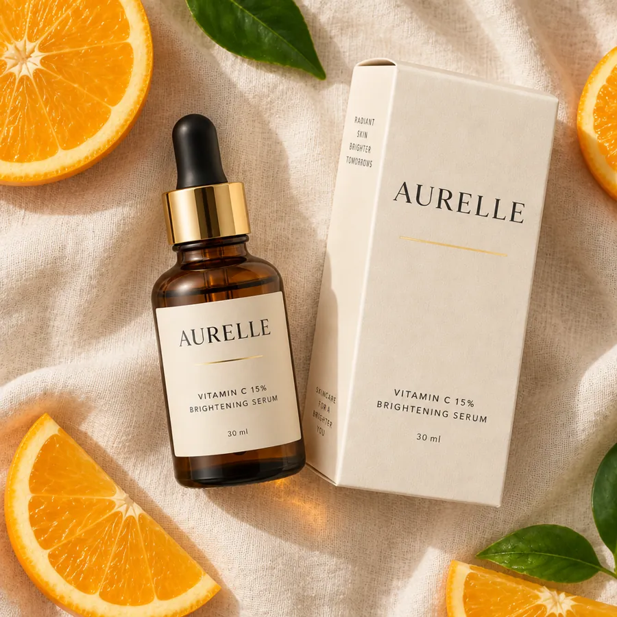 AI product photo of the Aurelle serum: flat lay