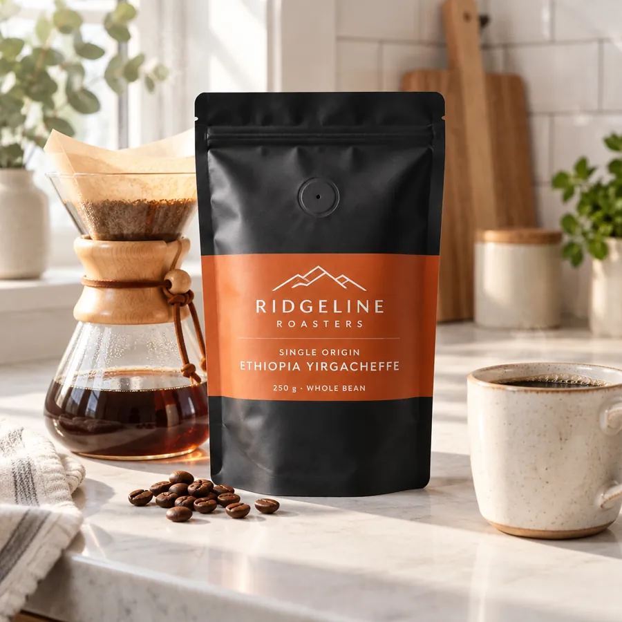 Lifestyle feed post for the fictional Ridgeline Roasters coffee