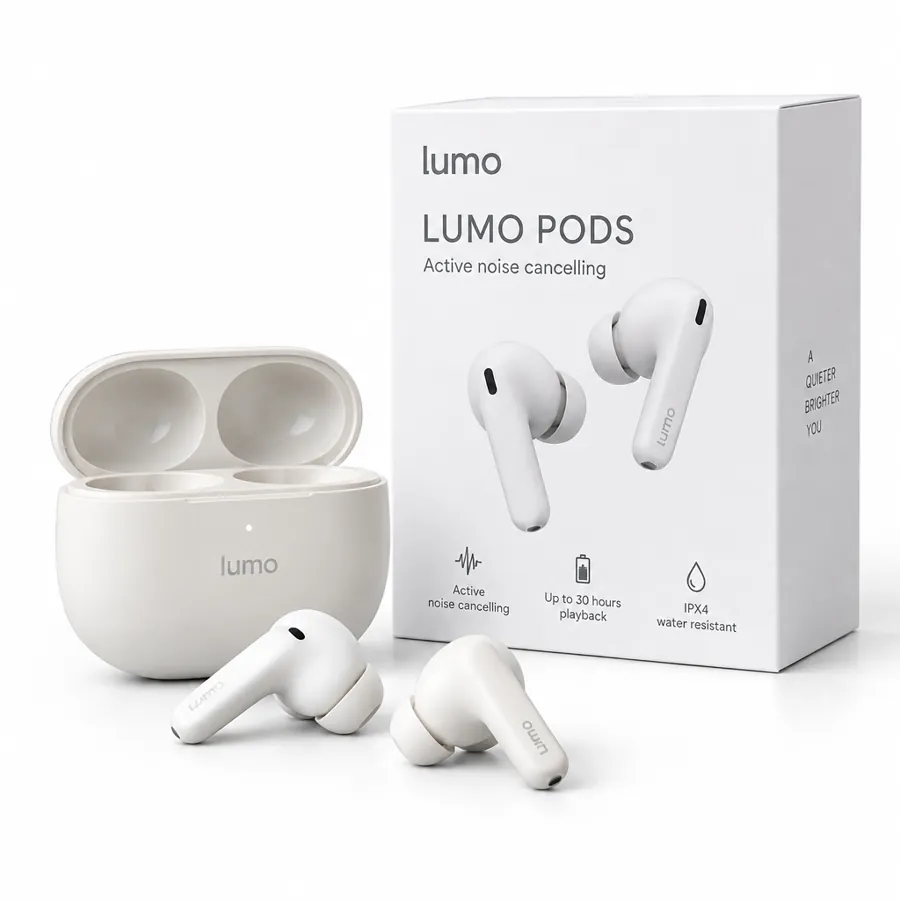 Packshot of the fictional Lumo Pods earbuds on a product page